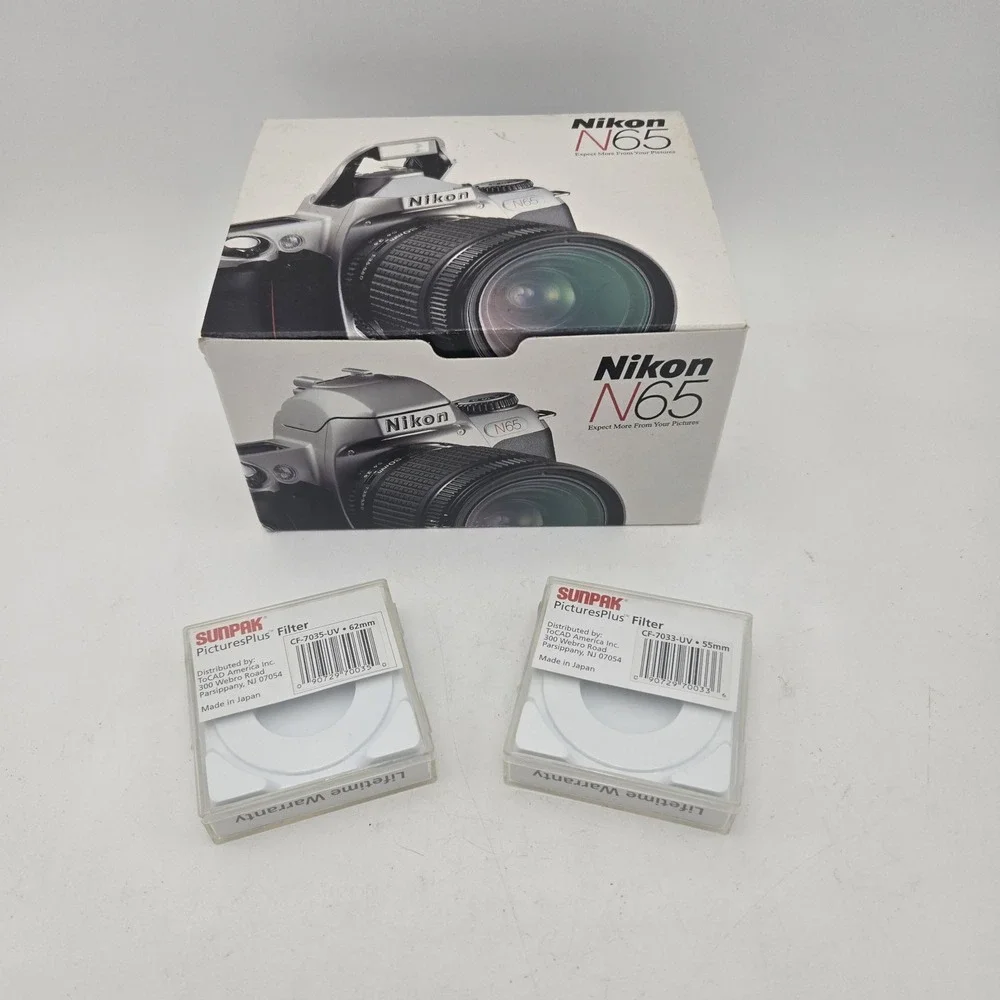 Nikon N65 35mm SLR Camera Kit 2‎ Sigma Zoom Lenses Filters Bag Box Manuals AS IS